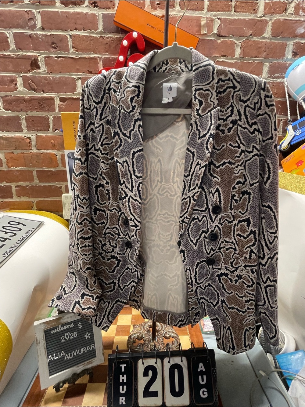 Cabi Python Blazer (Style #3733), a neutral snakeskin-print jacket featuring a